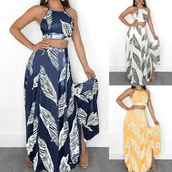 

Women New Fashion Plants Print Sets Sexy Halter Neck Back Bandage Crop Tops Long Side Split Skirt Two Piece Outfits Streetwear