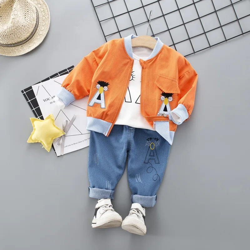 New spring autumn children's clothes suit cartoon letter double A long sleeve zipper jacket+t-shirt+jean pants 3pcs tracksuit - Color: orange