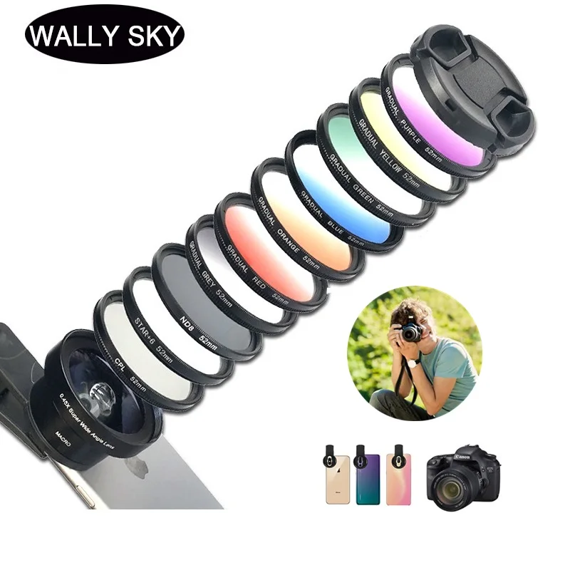 

12 in 1 Smart Phone Filter Set SLR Filter for Photography Opticial 7 Gradient Colors Wide-angle Macro Lens CPL Starlight Lens