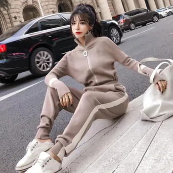 

Women Zipper Jacket Coats Pencil Pant Suits Long Sleeve Knitted Casual Sweaters Trousers 2Pcs Sets
