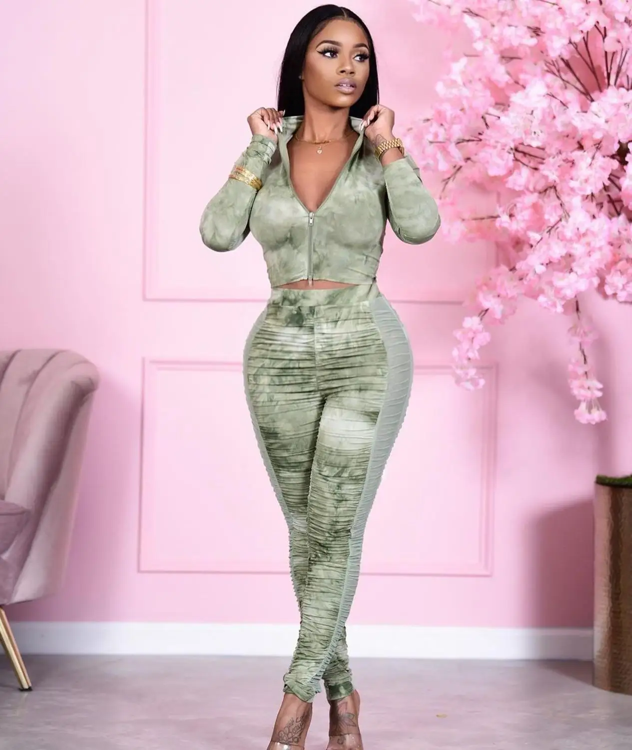 

Casual Sheer Mesh Turn Down Collar Two Piece Set Zipper Crop Top + Long Pants Sportsuit Clothes For Women Outfit