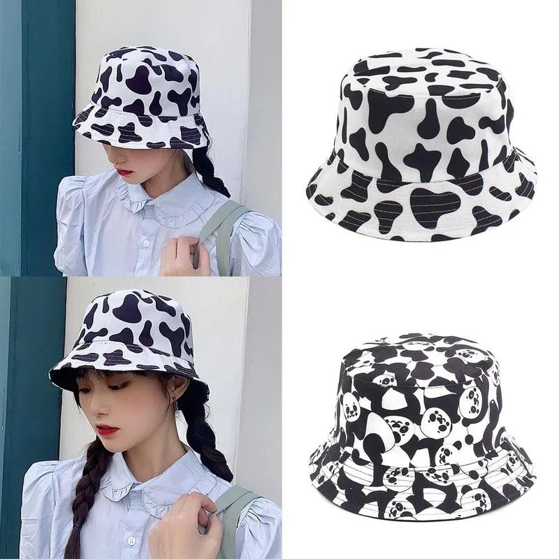 Panama Cow Print Hat Cap for Women Ins Sun Cute Black White Panama Cow Bucket Hats Lady Fishman Panama Cow Hats