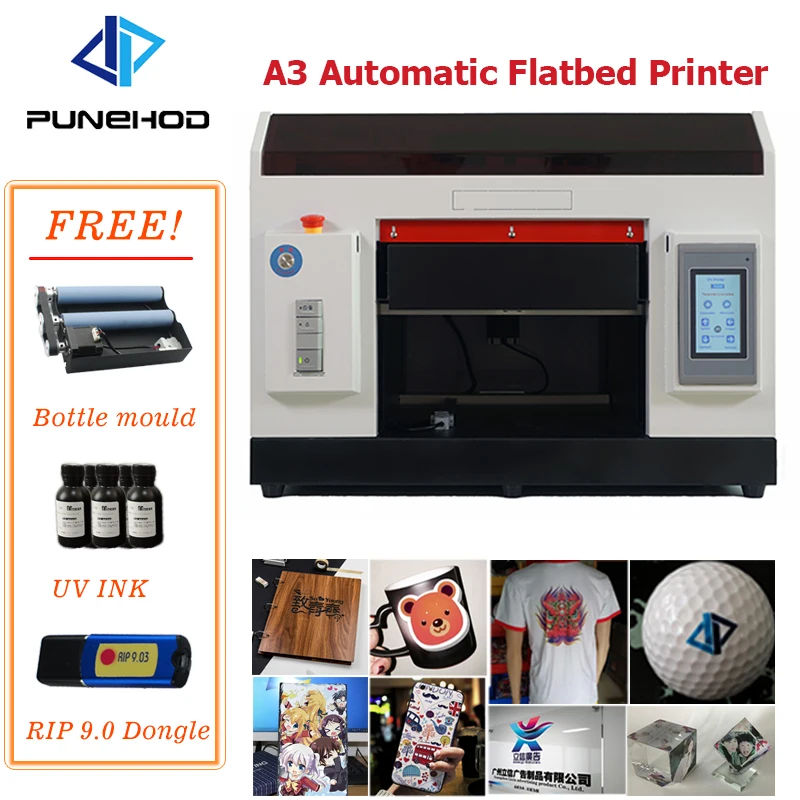 Punehod A3 UV Printer HD Digital Inkjet Flatbed for T-shirt Phone Case Golf Glass CD Embossed Varnish Support | Компьютеры и офис