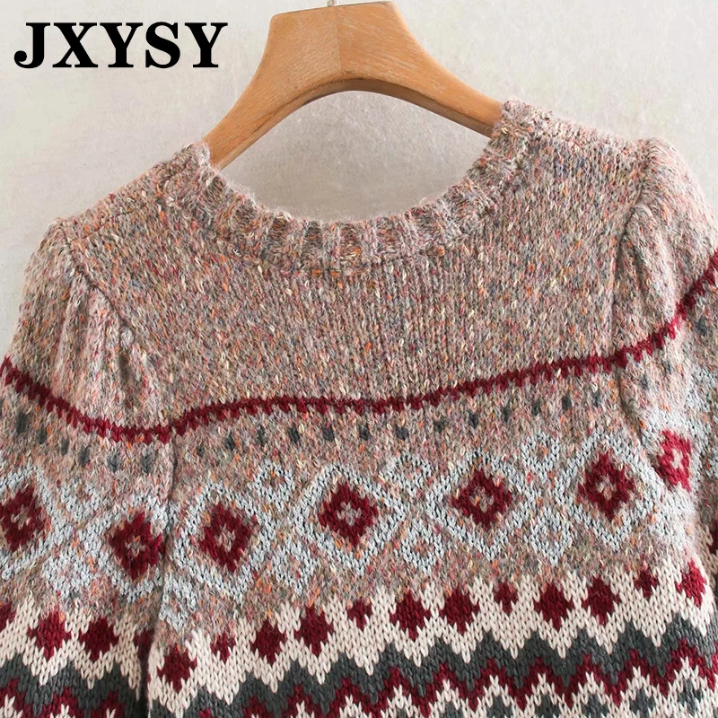 JXYSY, английский стиль, винтажные жаккардовые переплетенные зимние свитера с круглым вырезом, женские свитера, женские пуловеры, топы