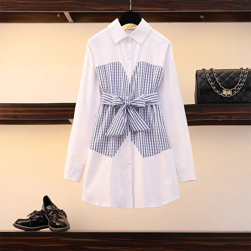 

Large Size Dress 2019 Autumn New Style Fat Mm Mock Two-Piece Mixed Colors Shirt Korean-style Shirt Women's