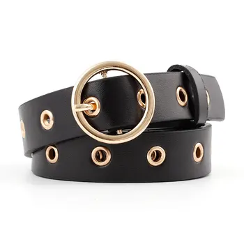 

Fashion Women Leather Belt Black Red Female Gold Round Pin Buckle Pu Grommet Belts For Ladies Jeans Waist Belt