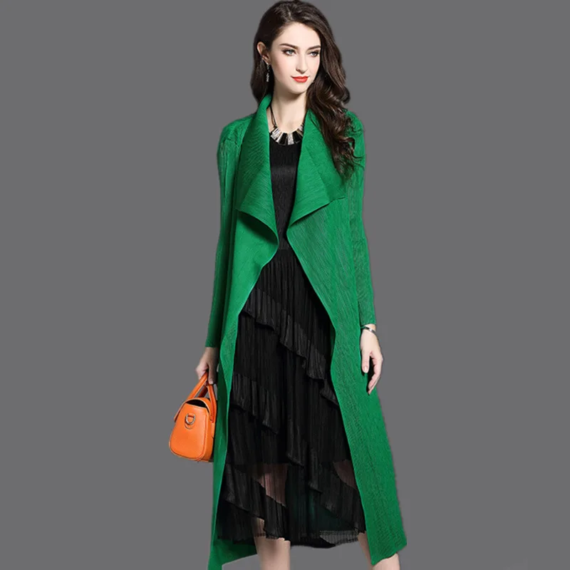 

Women Fashion Pleated Long Windbreaker Turn Down Collar Open Cardigan Black Green Gray Red Khaki Female Clothing Coat Shawl