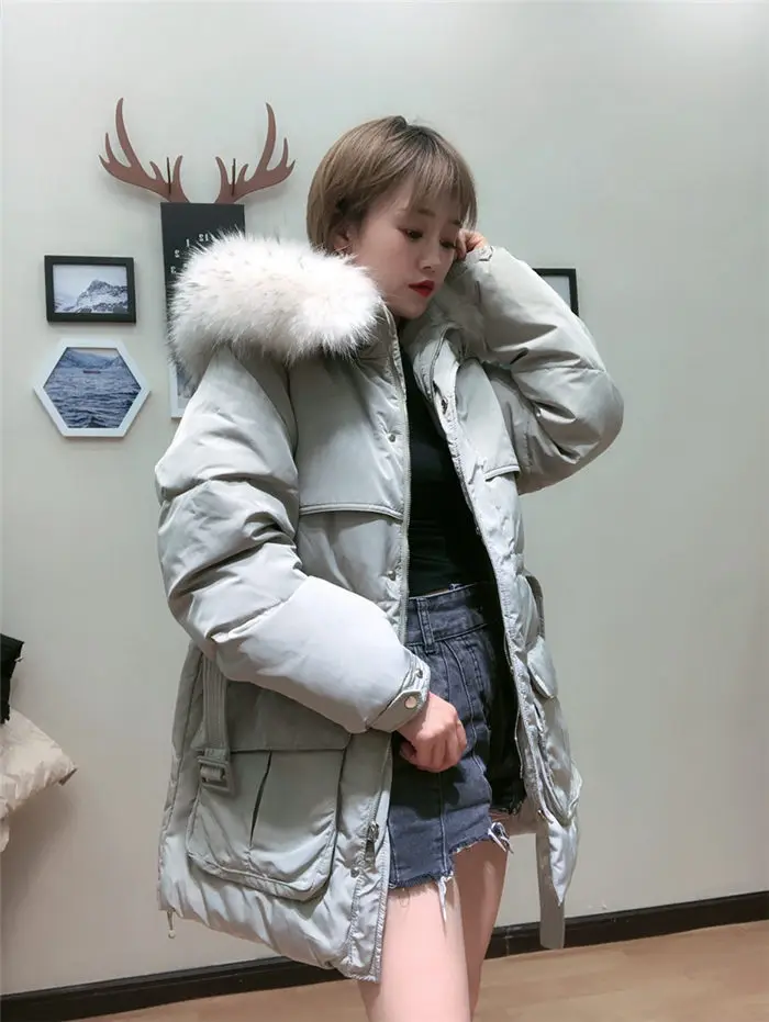 White Down Coat Winter Woman Fashion New Hooded Fur Collar Warm Thicken Cotton Clothing Casual Parkas Belt Overcoat f1401