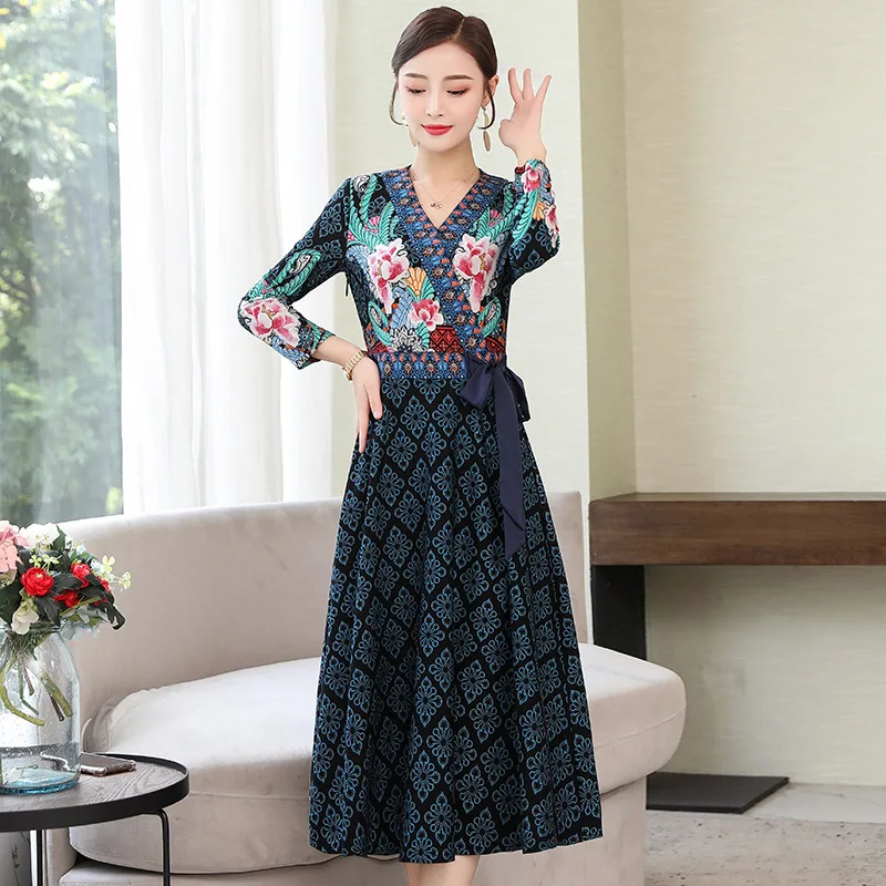 

Floral Printed Dress Early Autumn New Style WOMEN'S Dress 2019 Korean-style Waist Hugging V-neck Three-quarter-length Sleeve Mid