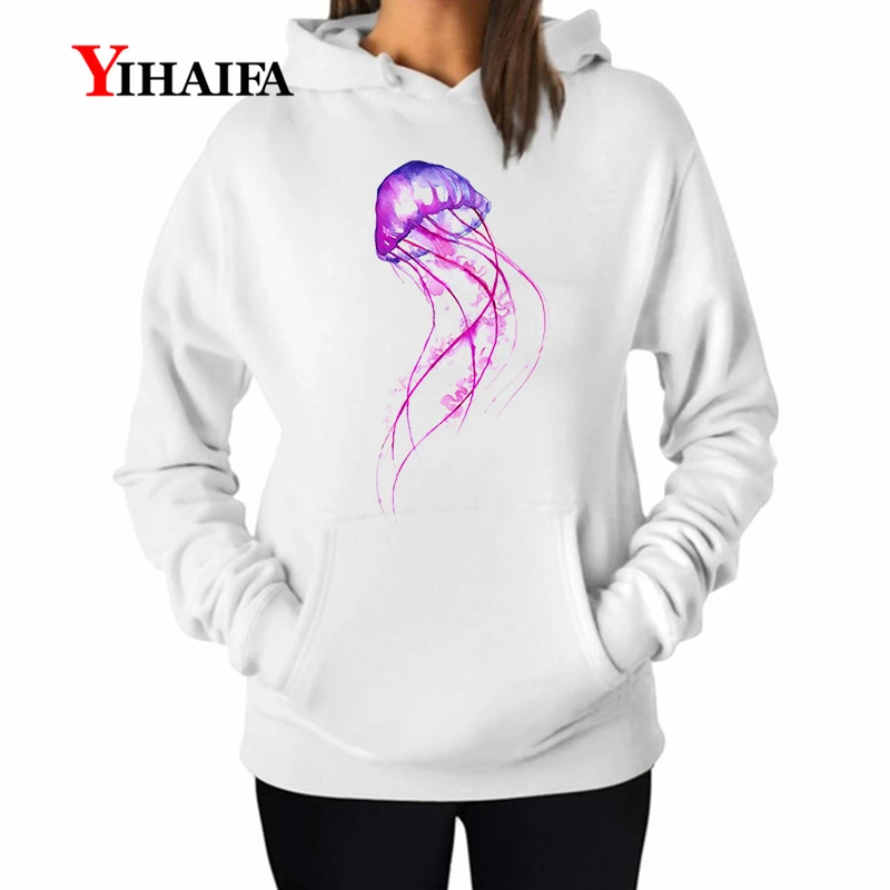 

YIHAIFA Woman Hooded Sweatshirts Jellyfish Printed itself Women Long Sleeve Pullover Hoodies Female casual Blouse