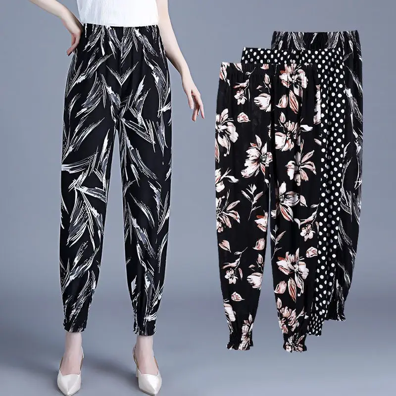 Summer Pants Women Cool Rayon Loose Drawstring Print Dot Casual Mom Sweatpants Big Size Fashion Harem Print Trousers