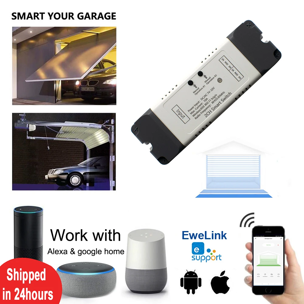Controlador inteligente de puerta de garaje, interruptor de 7V-32V, 85V-250V, WiFi, funciona con Alexa, Google Home, EWelink, IOS, aplicación Android