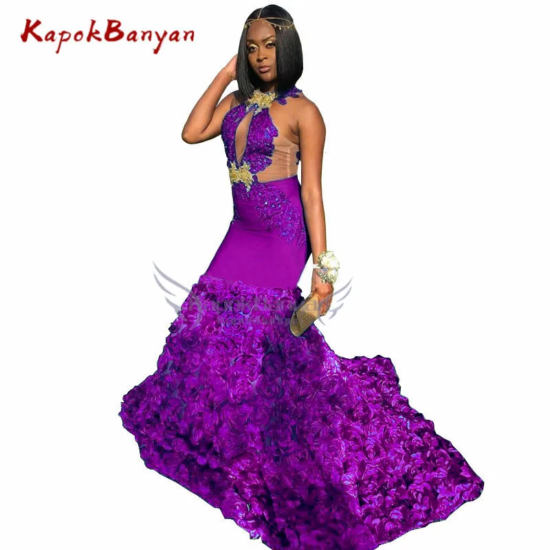 Фиолетовый 3D Цветы Русалка платье для выпускного вечера Холтер без Рукавов открытая спина аппликация блёстки вечернее платье Королевский синий KB094 - Цвет: Фиолетовый