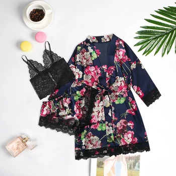 

3pc Women Pajamas Set Sexy Lace Bralette Striped Bathrobe Nightwear Sleepwear Suits Satin Pajamas Women Pijama Mujer