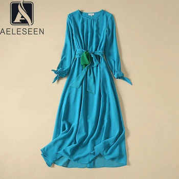 

AELESEEN 2020 Spring Runway Designer Elegant Peacock Blue A-Line Dresses Women English Style Bow Sleeve Luxury Silk Midi Dress