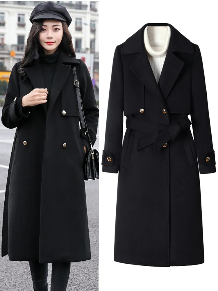 

Black Woolen Coat Women's Long Hepburn Style Fall/Winter 2019 Popular Coat Winter Outwear Jackets