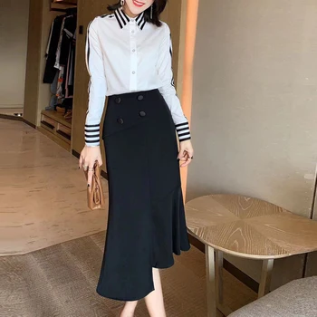 

HIGH QUALITY Newest 2020 Fashion Women's Long Sleeve Black White Striped Blouse Top Black Irregular Fishtail Skirt Suit