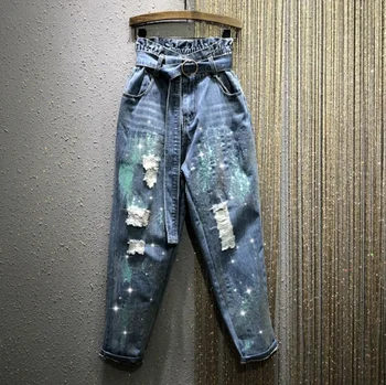 

Bud High-Waist Jeans Women's 2020 Spring New Elastic Waist Loose-Fit Straight-Cut Ripped Sequined Harem Pants Denim Jean Jeans