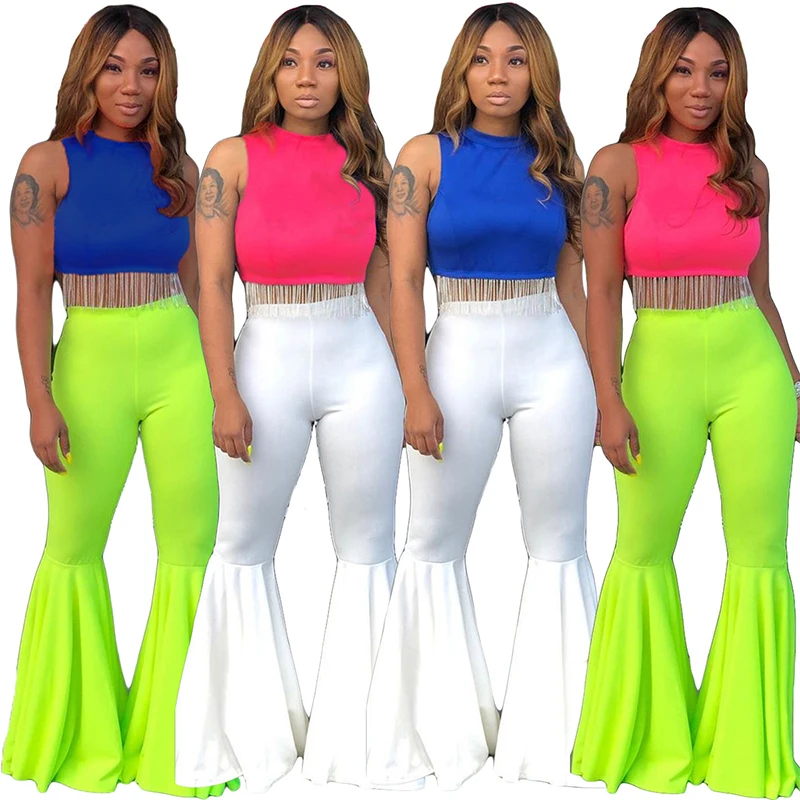 

ZKYZWX Tassel Sexy Two-tone Sleeveless Maxi Pants Set Temperament Women Fall Fashion Casual Temperament Commute Women Pants