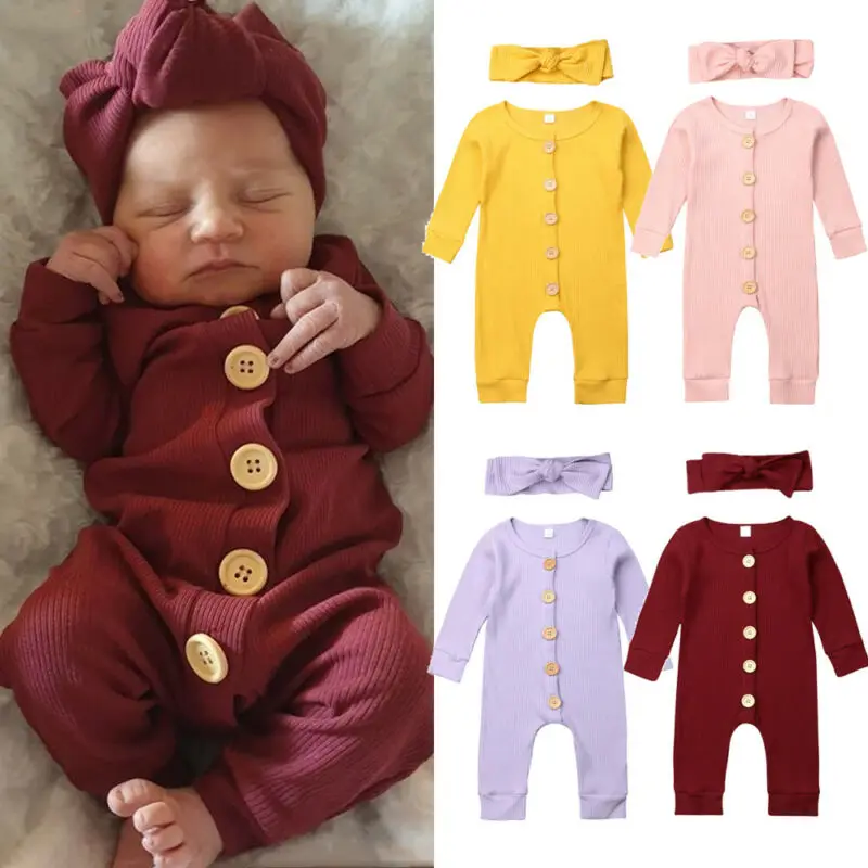 

Solid Baby Girl Boy Knitted Sets Long Sleeve Buttons Romper Hairband Solid 2Pcs Newborn Autumn Cotton Clothes Baby Outfits 0-18M