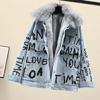 

Embroidery Denim Jacket Woman Winter Lamb Coat Thicken Large Fur Denim Parka Oversized Women Streetwear Cotton Outerwear