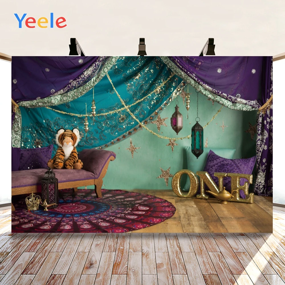 

Yeele Baby One Birthday Purple Sofa Curtain Wood Flooring Background Backdrop Photophone Photo Studio for Decor Customized Size