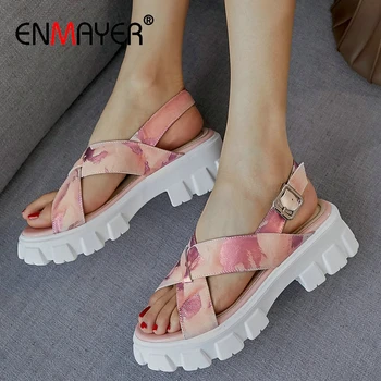 

ENMAYER Fashion Wedges Shoes for Women Genuine Leather Casual Buckle Strap Open Toe Heels Platform Graffiti Women Sandals 34-40