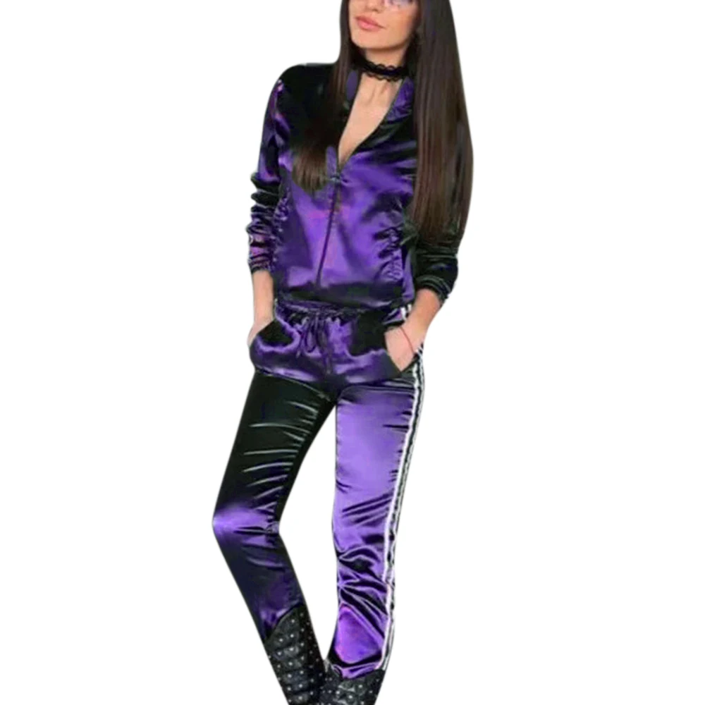 Женский комплект для йоги, Осенний Повседневный Спортивный костюм, комплект из 2 предметов, спортивный костюм, полосатый лоскутный, на молнии, элегантный свитшот комбинезон для фитнеса - Цвет: purple
