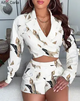

Women Sexy Office 2 Pcs Set Print Long Sleeve Balzer & Short Sets