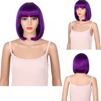 

Straight Purple Synthetic Wigs With Bangs Fringe For Women Medium Length Hair Bob Wig Heat Resistant bobo Hairstyle Cosplay Wigs