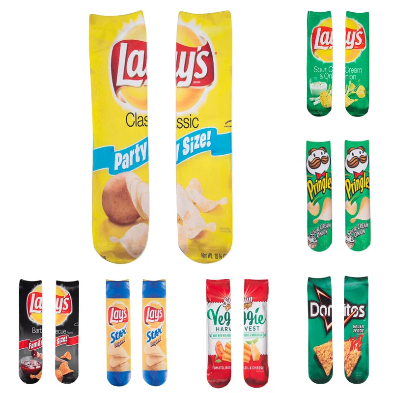 

Women Socks Individual Funny Creative 3D Printed Socks Cute Art Unisex Potato Chips Female Socks High Long Cartoon Snacks Soft