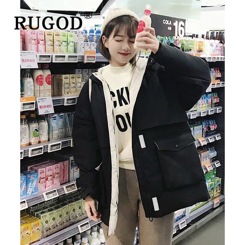RUGOD, корейский стиль, женский пуховик,, на молнии и карманах, однотонный, большие размеры, зимние куртки, одежда в стиле кэжуал