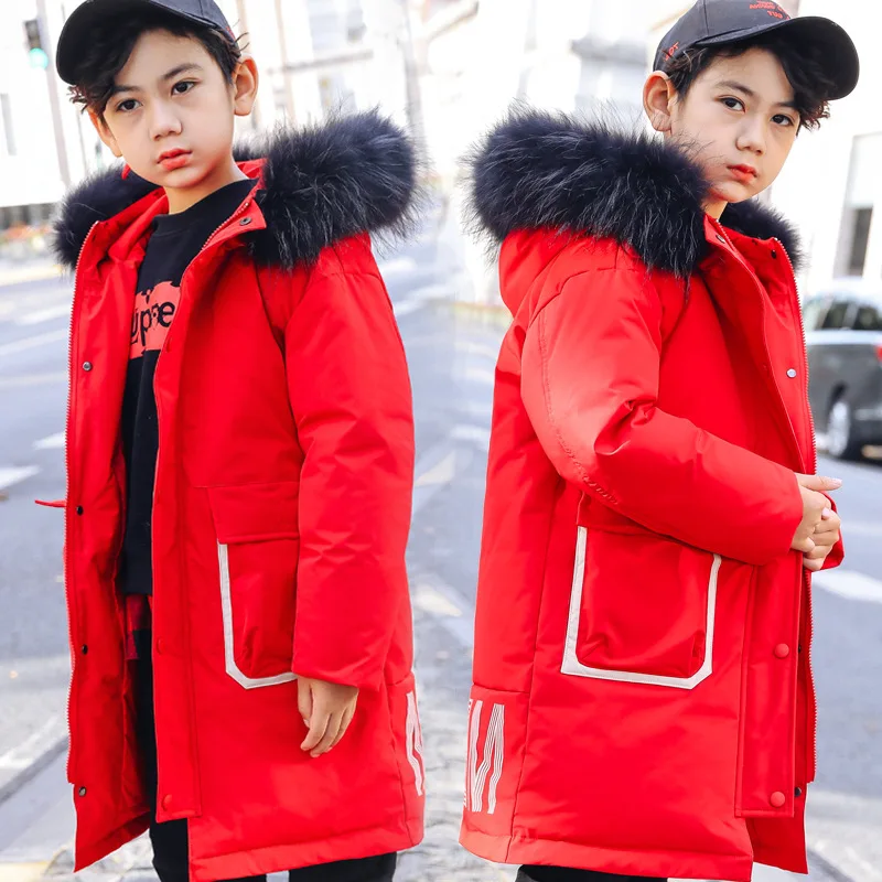 

Children boy winter jacket real fur hooded long coat parka kids big school 8 10 14 teens boy -30 Russia winter clothing overcoat