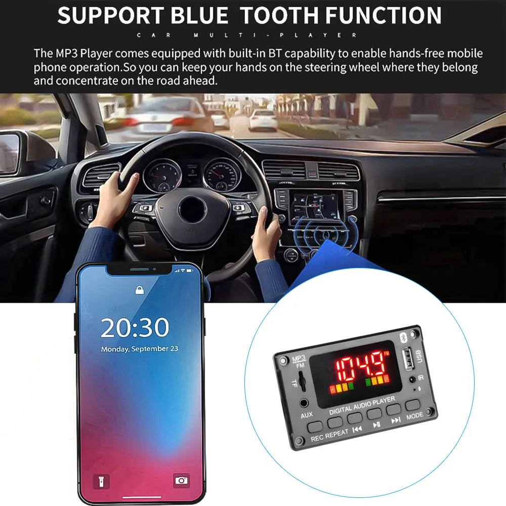 DC 7-26V 2x40W Amplifier MP3 Decoder Board Call Recording TF FM Radio Bluetooth Wireless Audio Module Big Color Screen For Car