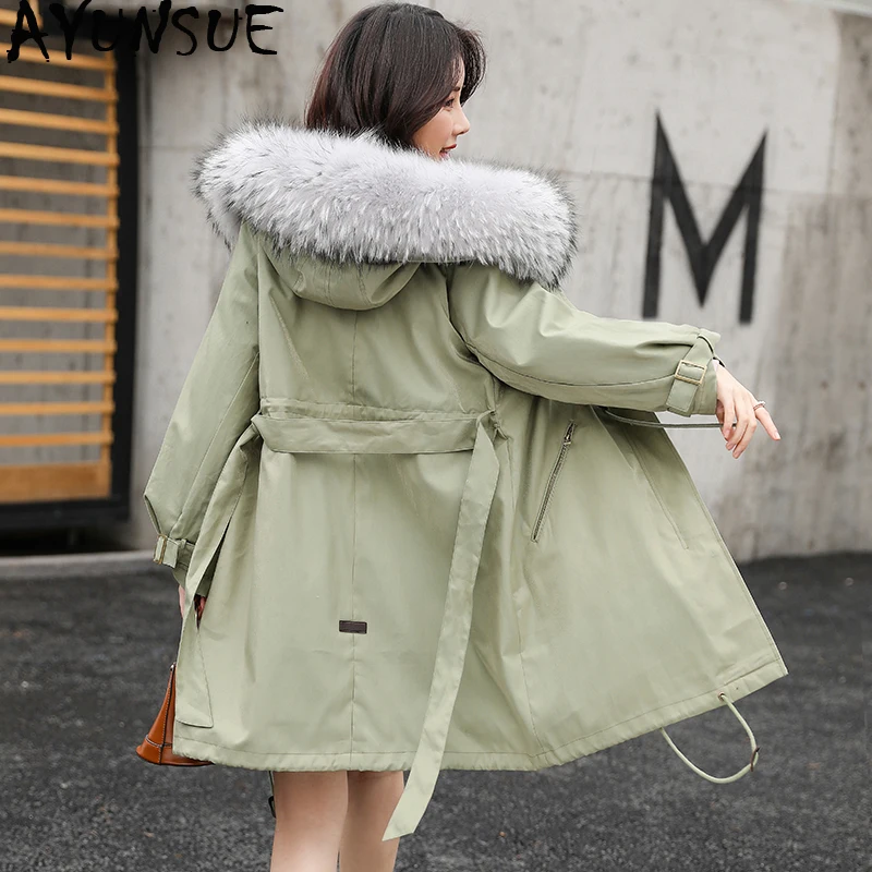 

AYUNSUE Pakra Real Fur Coat Female Real Rabbit Fur Liner Long Coats 2019 Winter Jacket Women Raccoon Fur Collar Warm Parkas MY