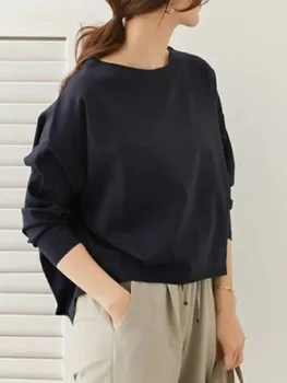 

Fashion Autumn Spring New Short Female Top Korean Office Ladies Round Neck Causal Loose Plain T-shirt For Girls Black