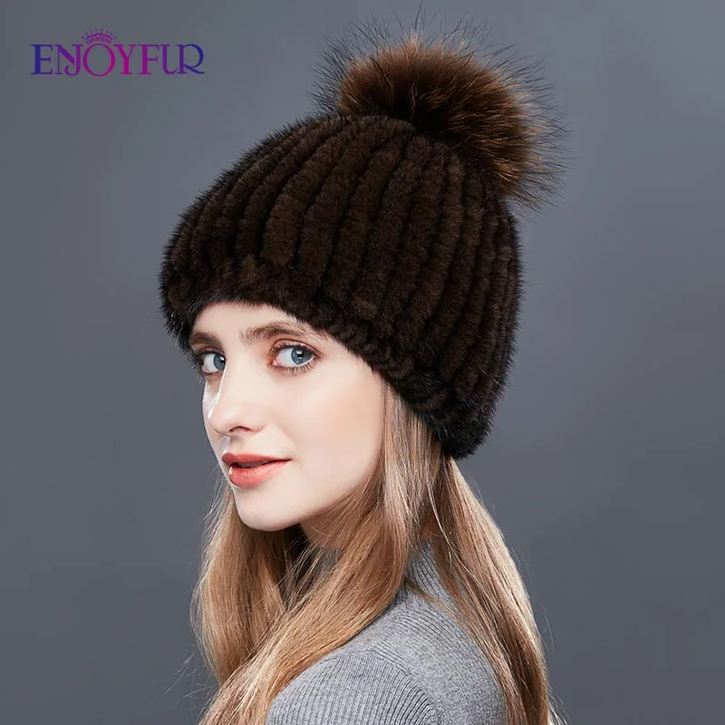 Женская шапка с помпоном ENJOYFUR, теплая толстая шапка бини из натурального меха норки на зиму
