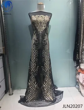 

Beautifical Black french lace fabrics for dress nigerian mesh tulle lace with sequins fabric Fashion lace fabric 5yards JLN202