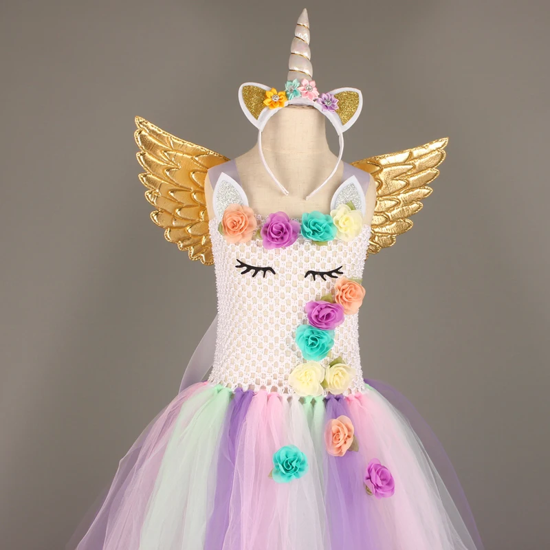 Girls Pastel Unicorn Flower Tutu Dress Princess Kids Pageant Party Tutu Dress with Headband wings Children Tulle Dress Ball Gown (10)