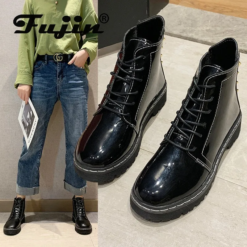 

Fujin Women Boots Winter Round Toe Dropshipping Lace Ankle Rubber Flat Bottom Fashion Breathable Cross Tied Causal Women Shoes