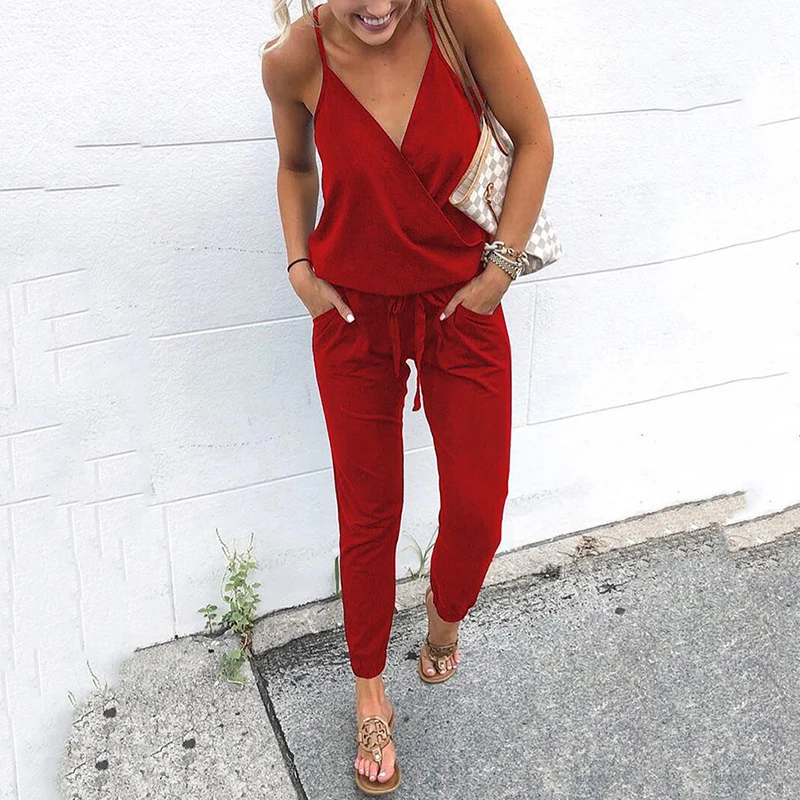 Модные женские одноцветные боди, летние женские свободные длинные штаны, брюки,, праздничные повседневные Комбинезоны без рукавов - Цвет: red