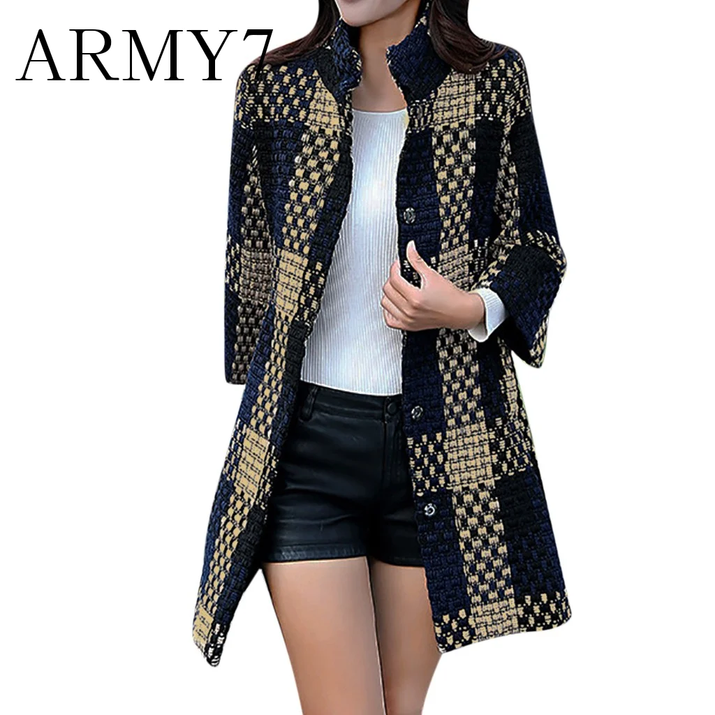 

Warm Artificial Wool Lattice Long Trench Winter Womens Plaid Wool Coat Ladies Thick Open Front Jacket Blends Wool Warm Long Coat
