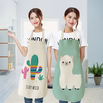 

1Pcs Cute Alpaca Kitchen Cooking Aprons For Women Chefs Baking Bibs Waterproof Cotton Linen Household Cleaning Apron Delantales