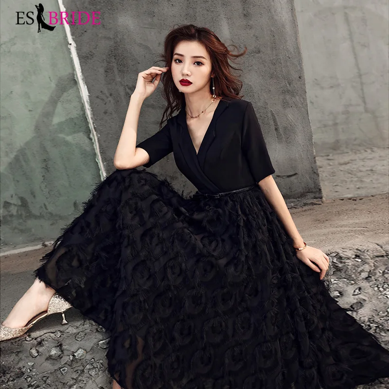 

Black Grey Evening Dresses ES30042 Deep V-Neck A-Line 3/4 Sleeve Flower lace Formal Party Gowns Vestidos Longo