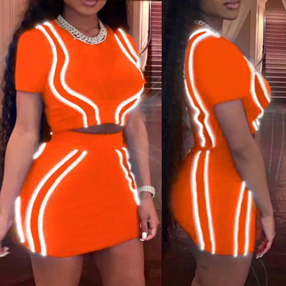 

Women Lady's Short Sleeve Skirt women's tracksuits Reflective Stitching Two-piece set Mini Dress women's sports suit hot SE3M