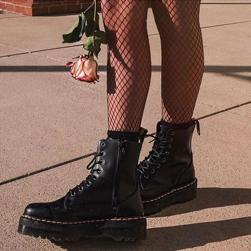 

Black Motorcycle Boots Women Thick Platform Zipper Lace Up Ankle Boots Women White Genuine Leather Winter Military Women Shoes