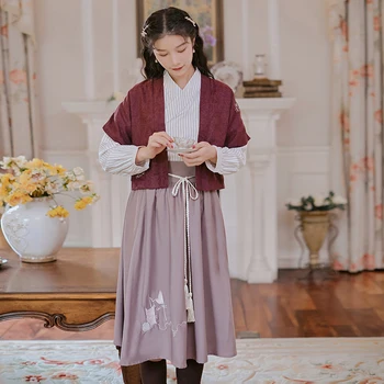 

3 pieces Women's sets Autumn 2020 Retro Miaoke embroidery Striped shirt + Vest + skirt Suit Young style girl's Student suit