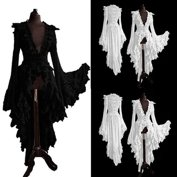 

Women Stylish Dress Cosplay Costume Long Dress Solid Color V-neck Lace Dress Retro Dress Costume