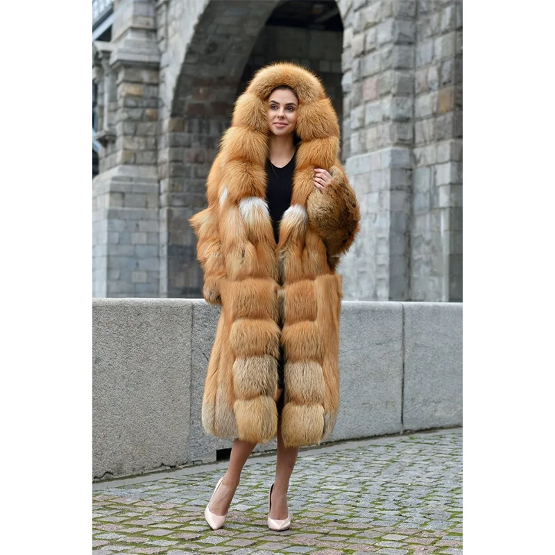 FURSARCAR New Full Pelt Real Fur Jacket Women Winter Natural Gold Fox Fur Outwear  With Hood 110cm Long Thick Fur Coat