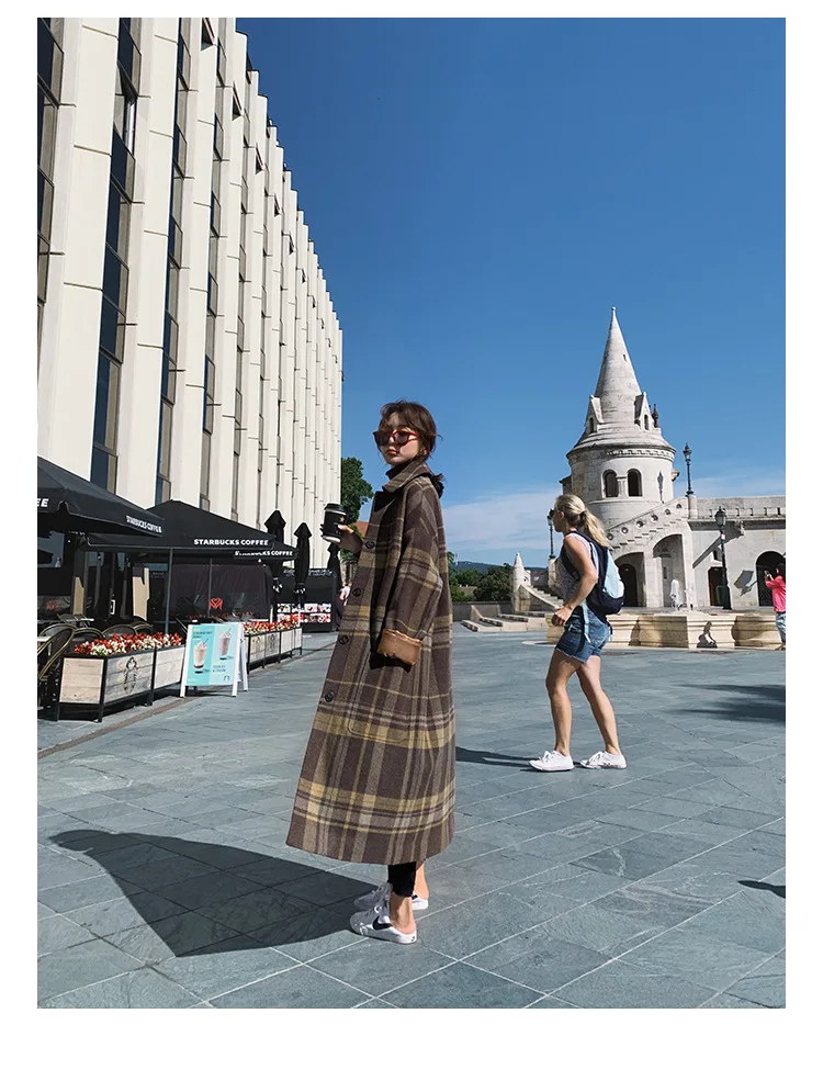 Шерстяное клетчатое пальто для фотосессии, женское, средней длины, зима, стиль, корейский стиль, модное, элегантное, свободное, Дафлкот, модное пальто